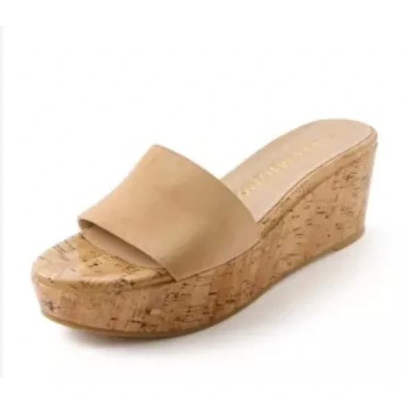 Stuart‎ Weitzman Summer Wedge platform slide sandals beige suede cork size 10B - Picture 2 of 10